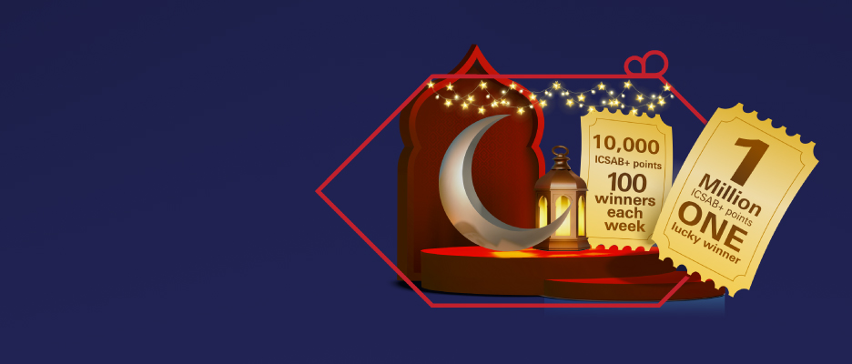 The image features a festive design with a dark blue background and a red gift tag-like frame. Inside, there is a crescent moon, a lantern, and string lights, symbolizing a Ramadan or Eid celebration. Two golden tickets display a promotional offer: one mentions "10,000 ICSB points" with "100 winners each week," while the other highlights a grand prize of "1 million ICSB points" for "one lucky winner." This suggests a special rewards campaign during the festive season.