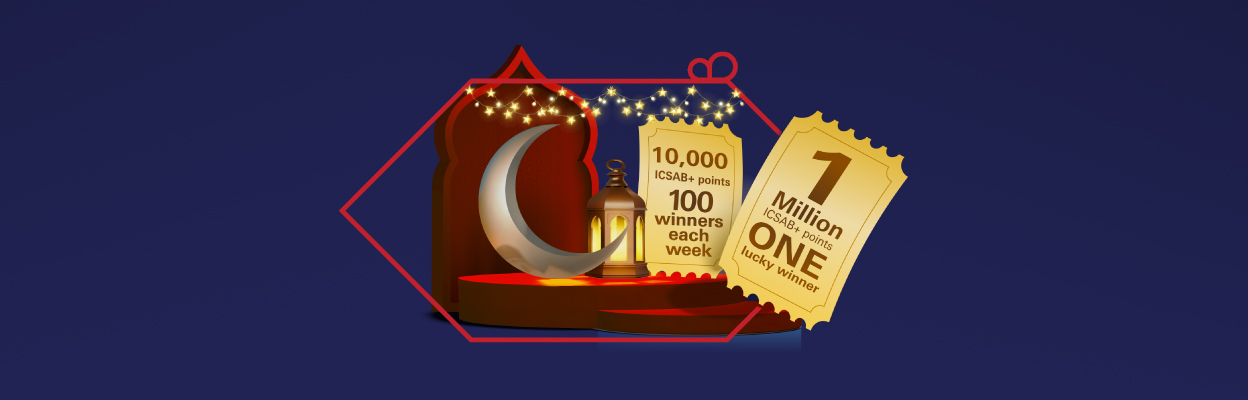 The image features a festive design with a dark blue background and a red gift tag-like frame. Inside, there is a crescent moon, a lantern, and string lights, symbolizing a Ramadan or Eid celebration. Two golden tickets display a promotional offer: one mentions "10,000 ICSB points" with "100 winners each week," while the other highlights a grand prize of "1 million ICSB points" for "one lucky winner." This suggests a special rewards campaign during the festive season.