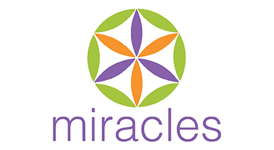 The image features a logo with a circular design containing a symmetrical star-like pattern in green, orange, and purple. Below the design, the word "miracles" is written in lowercase letters in a dark blue or purple font. The background is white.