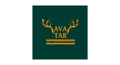 The logo of Avatara Restaurant shows the title Avatara written in gold, the letters AVA on one line, and TARA on another line between two tree branches with flowers, and a dark green background