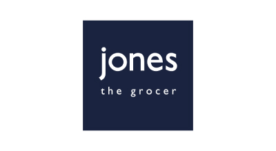 the logo has the store name Jones the Grocer written in white color with a dark blue background
