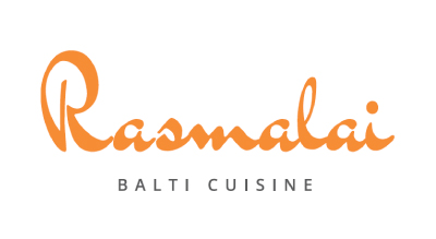 the logo has the store name Rasmalai written in orangr color and salti cuisine in gray color