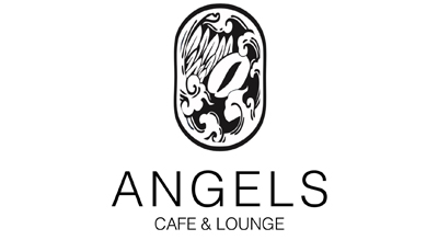 الشعار يوضح "Angels Cafe & Restaurant " باللون الاسود والخلفيه بيضاء