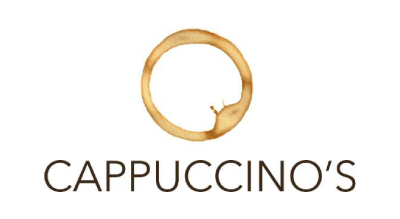 الخط لونه اسود والخلفيه بيضاءيظهر الصورة شعار مطعم اسمه "Cappuccino's"