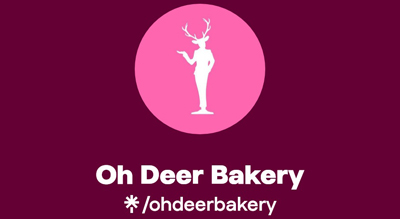 الشعار يوضح "Oh deer bakery " باللون الابيض والخلفيه بنفسجي