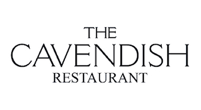 Arabic: تُظهر الصورة شعارًا لمطعم "The Cavendish Restaurant". يتم عرض النص بخط كلاسيكي أنيق على خلفية بيضاء، مما يمنحه مظهرًا راقيًا وأنيقًا