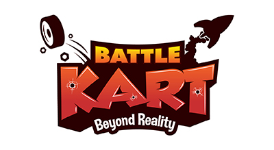 This logo suggests an augmented or virtual reality karting experience, combining real kart racing with interactive digital elements. The design includes a flying tire and a rocket, reinforcing the theme of action and excitement.