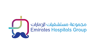 الصورة عبارة عن شعار"Emirates Hospital Specialty " مكتوبة باللون الازرق مع خلفيه بيضاء