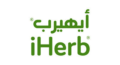 The image shows a logo with the name " iHerb " written in green letters. The background is white