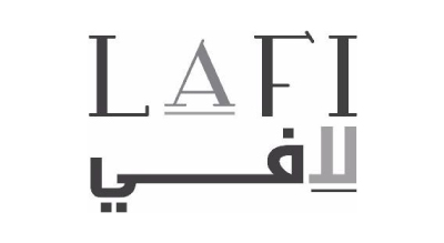 الصورة عبارة عن شعار بالللغتين " LAFI " مكتوبة باللون الرمادي مع خلفيه بيضاء