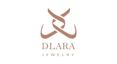 الصور توضح شعار مكتوب عليه "DLARA JEWELRY" بلون بني مع رمز زخرفي بسيط فوقه.