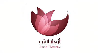 الصورة عبارة عن شعار "LUSH FLWOERS" مكتوبة باللون الاحمر مع خلفيه بيضاء