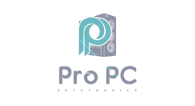 الصورة عبارة عن شعار "Pro PC " مكتوبة باللون الازرق مع خلفيه بيضاء