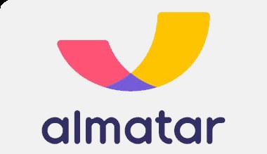 The image displays the logo of "almatar" a travel and tourism company.  with three colors red yellow and purple forming an abstract shape. Below the symbol, the company name "almatar" is written in a bold lowercase font in dark blue.