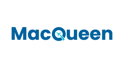 The image shows a logo with the name "MacQueen" written in blue letters. The background is white