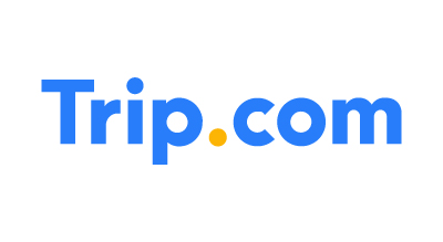 The image shows the logo of "Trip.com" written in blue font with a small orange dot between "Trip" and "com".