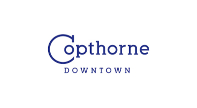 الصورة عبارة عن شعار Copthorne Downtown مكتوبة باللون الازرق مع خلفيه بيضاء